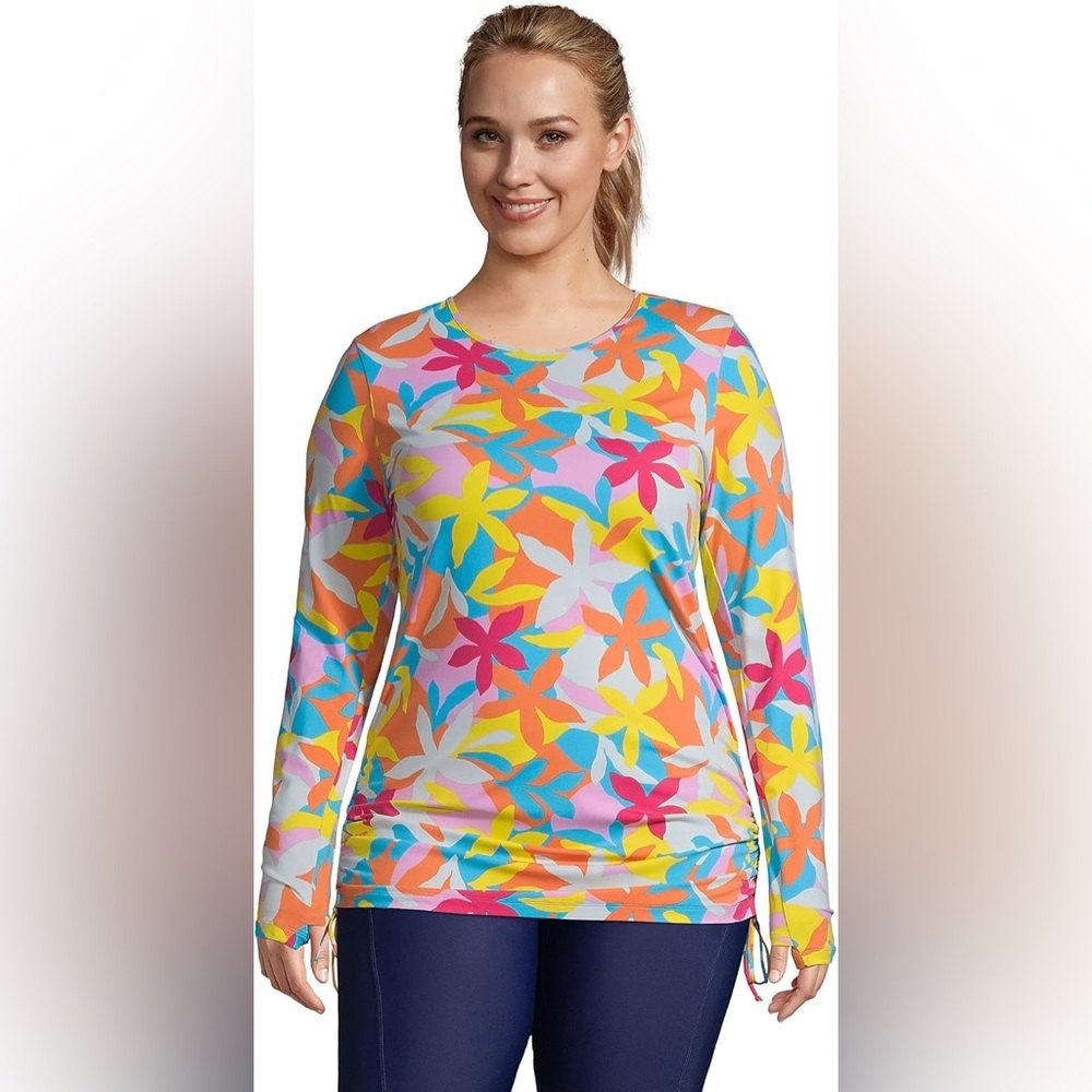 NWT Lands' End Women’s Long Sleeve Crew Neck Swim Tee Rash Guard Size M Floral - Picture 1 of 12